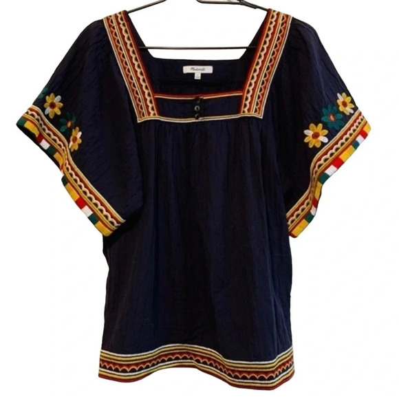 Madewell Size Small Navy Blue Embroidered Sandblossom Top Floral Boho Square - Picture 1 of 4